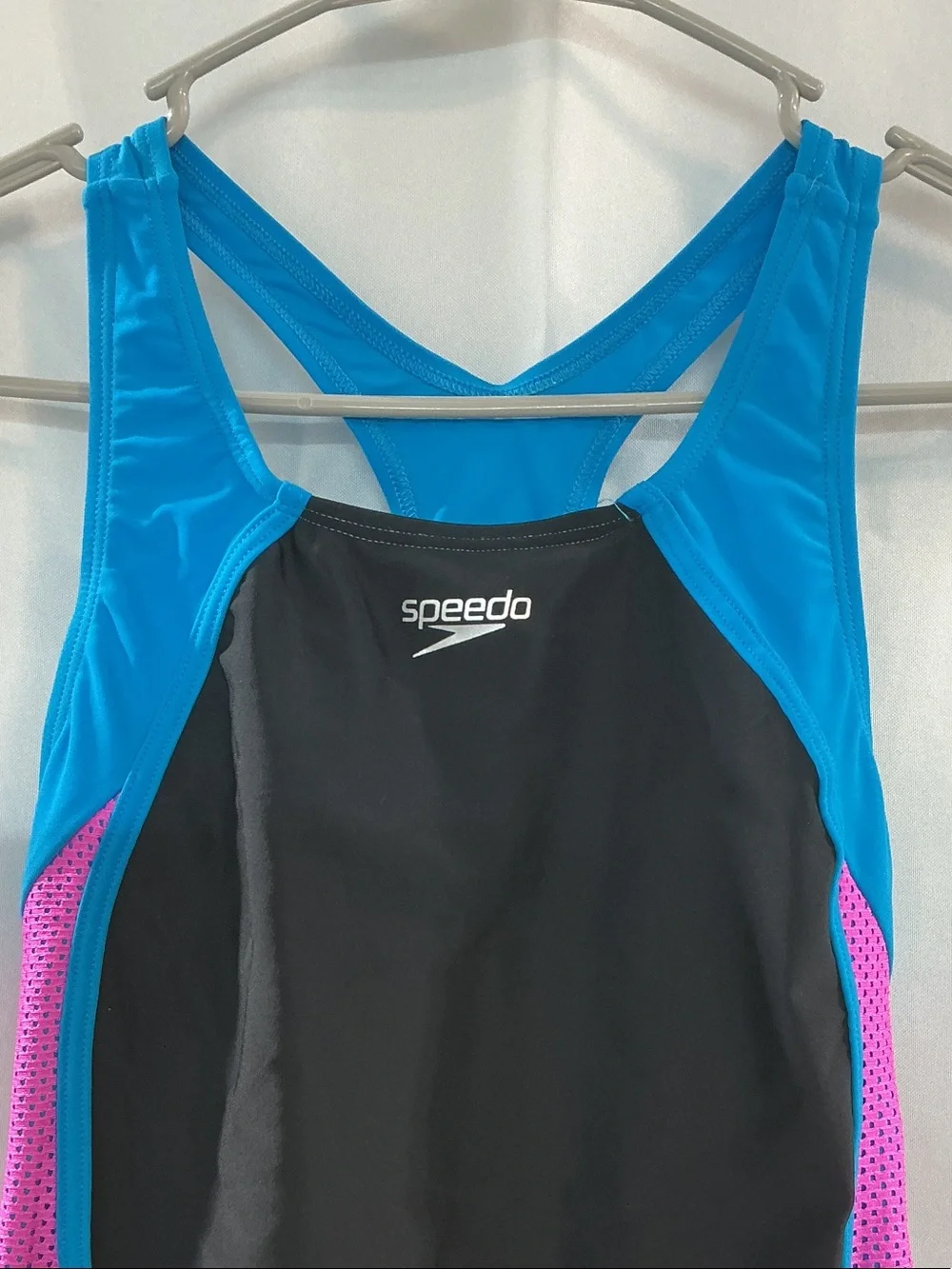 Speedo Black One-Piece with Blue Straps and Pink Side Panels